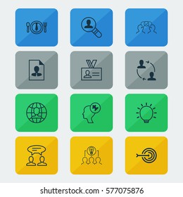 Set Of 12 Business Management Icons. Includes Human Mind, Great Glimpse, Cooperation And Other Symbols. Beautiful Design Elements.