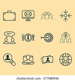 Set Of 12 Business Management Icons. Includes Collaborative Solution, Global Work, Portfolio And Other Symbols. Beautiful Design Elements.