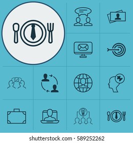 Set Of 12 Business Management Icons. Includes Dialogue, Calling Card, Email And Other Symbols. Beautiful Design Elements.