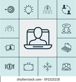 Set Of 12 Business Management Icons. Includes Cooperation, Dinner, Document Suitcase And Other Symbols. Beautiful Design Elements. Set Of 12 Business Management Icons. Includes Cooperation, Dinner, Document Suitcase And Other Symbols. Beautiful Design Elements.