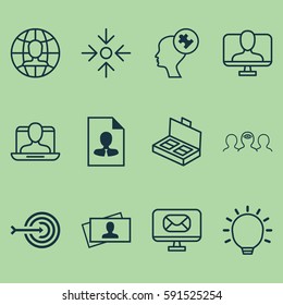 Set Of 12 Business Management Icons. Includes Email, Calling Card, Cv And Other Symbols. Beautiful Design Elements.