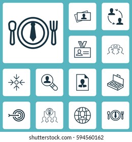 Set Of 12 Business Management Icons. Includes Global Work, Cooperation, Document Suitcase And Other Symbols. Beautiful Design Elements.