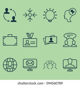 Set Of 12 Business Management Icons. Includes Cooperation, Dialogue, Human Mind And Other Symbols. Beautiful Design Elements.