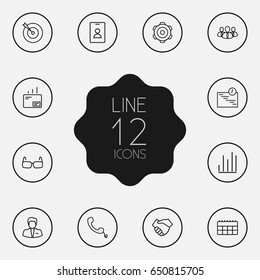 Set Of 12 Business Outline Icons Set.Collection Of Gear, Businessman, Glasses And Other Elements.