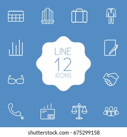 Set Of 12 Business Outline Icons Set.Collection Of Calendar, Handset, Chart Elements.