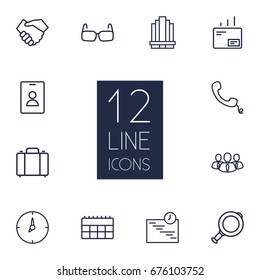 Set Of 12 Business Outline Icons Set.Collection Of Mail, Schedule, Magnifier And Other Elements.