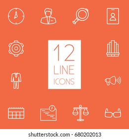 Set Of 12 Business Outline Icons Set.Collection Of Calendar, Glasses, Business Center And Other Elements.