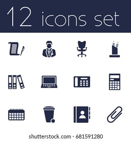 Set Of 12 Cabinet Icons Set.Collection Of Office Chair, Telephone, Calendar And Other Elements.