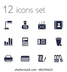 Set Of 12 Cabinet Icons Set.Collection Of Contract, Calculator, Manager And Other Elements.