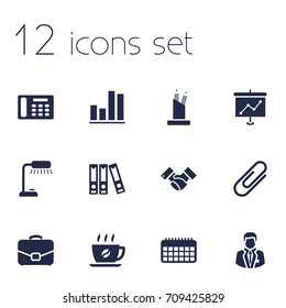 Set Of 12 Cabinet Icons Set.Collection Of Pencil Stand, Telephone, Handshake Elements.