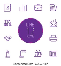 Set Of 12 Cabinet Outline Icons Set.Collection Of Reading-Lamp, Partnership, Telephone Directory And Other Elements.