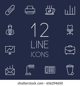 Set Of 12 Cabinet Outline Icons Set.Collection Of Printing Machine, Chart, Workplace And Other Elements.