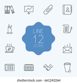 Set Of 12 Cabinet Outline Icons Set.Collection Of Agreement, Hot Drink, Fastener Paper And Other Elements.