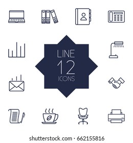 Set Of 12 Cabinet Outline Icons Set.Collection Of Document Case, Hot Drink, Printing Machine And Other Elements.