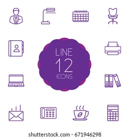 Set Of 12 Cabinet Outline Icons Set.Collection Of Contacts, Printing Machine, Document Case And Other Elements.