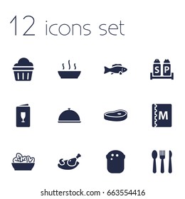 Set Of 12 Cafe Icons Set.Collection Of Tuna, Baguette, Condiments And Other Elements.