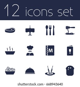 Set Of 12 Cafe Icons Set.Collection Of Tray, Silverware, Book And Other Elements.