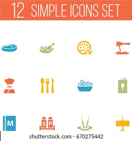 Set Of 12 Cafe Icons Set.Collection Of Dinner Desk, Meat, Pepperoni And Other Elements.