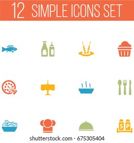 Set Of 12 Cafe Icons Set.Collection Of Canape, Tray, Chef And Other Elements.