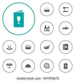 Set Of 12 Cafe Icons Set.Collection Of Pepperoni, Book, Tray And Other Elements.