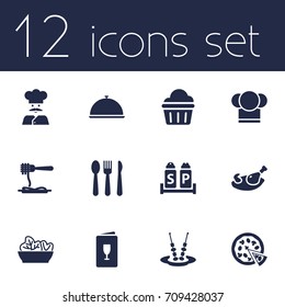 Set Of 12 Cafe Icons Set.Collection Of Cook, Pepperoni, Alcohol And Other Elements.