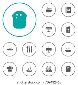 Set Of 12 Cafe Icons Set.Collection Of Condiments, Broth, Alcohol And Other Elements.