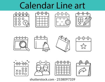 A set of 12 calendar icons in black line art style, depicting various calendar functions like appointment scheduling, reminders, and event marking.