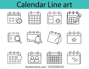 A set of 12 calendar line art icons depicting various aspects of planning, including reminders, deadlines, appointments, and events.