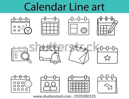A set of 12 calendar line art icons depicting various aspects of planning, including reminders, deadlines, appointments, and events.