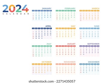 Conjunto de 12 calendarios, plantilla de calendario minimalista 2024, año de planificación, calendario de pared, semana comienza domingo