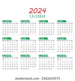 Set of 12 calendar, minimalist Calendar 2024 template. Calendar for 2024 isolated on a white background