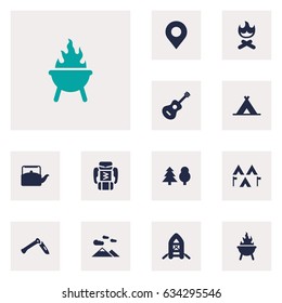 Set Of 12 Camping Icons Set.Collection Of Jackknife, Acoustic, Tent And Other Elements.