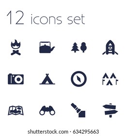 Set Of 12 Camping Icons Set.Collection Of Inflatable Raft, Photo Camera, Tent And Other Elements.