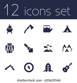 Set Of 12 Camping Icons Set.Collection Of Landscape , Wood Axe, Backpack Elements.