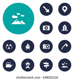 Set Of 12 Camping Icons Set.Collection Of Flashlight, Location, Signpost And Other Elements.