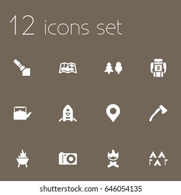 Set Of 12 Camping Icons Set.Collection Of Location, Backpack, Tree And Other Elements.