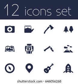 Set Of 12 Camping Icons Set.Collection Of Kettle, Jackknife, Backpack And Other Elements.