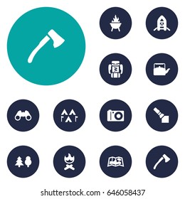 Set Of 12 Camping Icons Set.Collection Of Inflatable Raft, Kettle, Map And Other Elements.