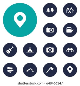 Set Of 12 Camping Icons Set.Collection Of Jackknife, Photo Camera, Wood Axe And Other Elements.