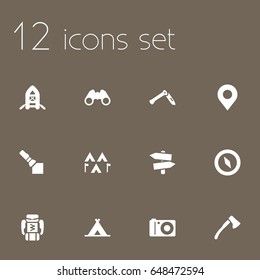 Set Of 12 Camping Icons Set.Collection Of Signpost, Backpack, Tent And Other Elements.