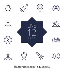 Set Of 12 Camping Outline Icons Set.Collection Of Bonfire, Shelter, Rubber Boat And Other Elements.