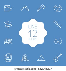 Set Of 12 Camping Outline Icons Set.Collection Of Shelter, Guidepost, Baggage And Other Elements.