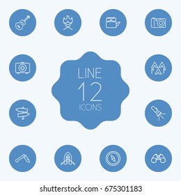 Set Of 12 Camping Outline Icons Set.Collection Of Guidepost, Penknife, Medical Kit And Other Elements.