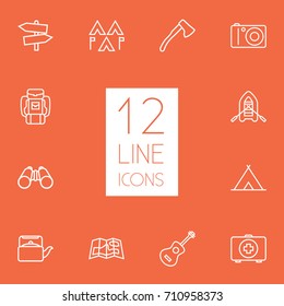 Set Of 12 Camping Outline Icons Set.Collection Of Shelter, Guitar, Binoculars And Other Elements.