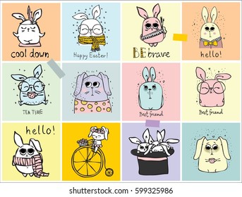 Set of 12 cards with doodle rabbits .Simple design of cute rabbits perfect for kid's card, banners, stickers and other kid's things