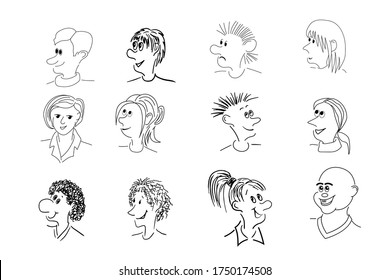 Set Of 12 Caricature Faces, Various Facial Expression Comic Cartoon Style. Vector Illustration Isolated On White Background