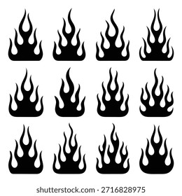 Conjunto de 12 iconos de vector de llama de fuego de dibujos animados, Colección de elemento gráfico de incendio de hoguera naranja 