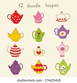 Set of 12 cartooning teapots. 