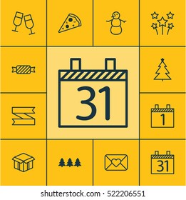 Set Of 12 Celebration Icons. Can Be Used For Web, Mobile, UI And Infographic Design. Includes Elements Such As Snowman, Blank, Agenda And More.