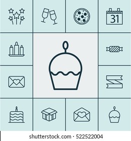 Set Of 12 Celebration Icons. Can Be Used For Web, Mobile, UI And Infographic Design. Includes Elements Such As Celebrating, Cardboard, Flame And More.